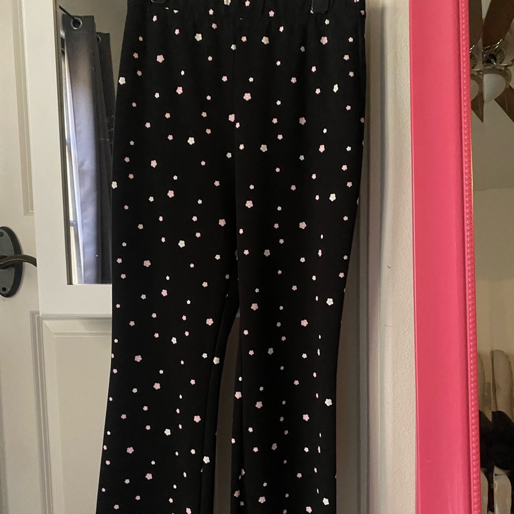 Black and pink flowers flare pants